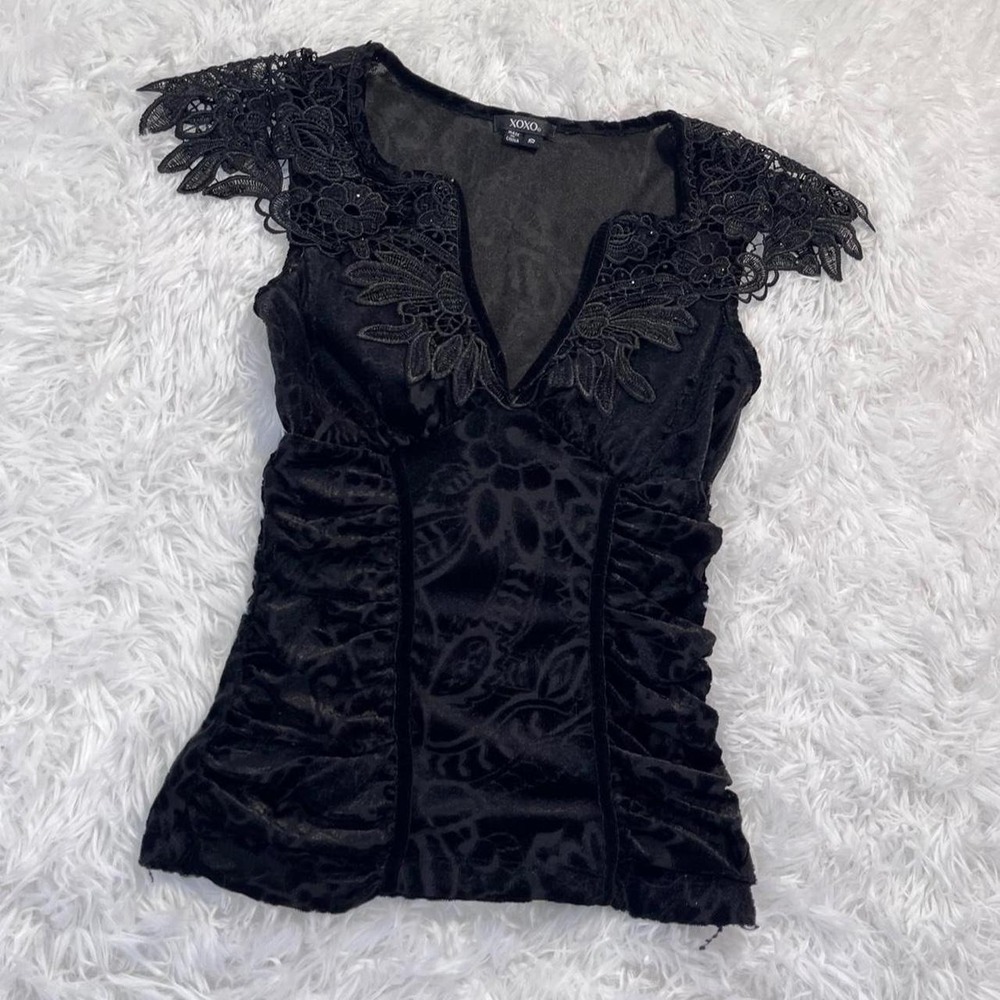 y2k black velour floral lace v neck top small - Picture 2 of 8